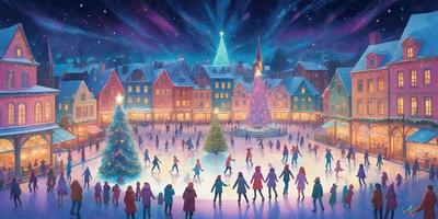 Primary subject: A large group of people gathered in a city square, enjoying the holiday season.

Setting/background: The city square is decorated with Christmas trees, and the buildings around the square are adorned with Christmas lights.

Visual style: The image is a digital art illustration, depicting a lively and festive atmosphere.

Colors and mood: The scene is predominantly blue, with the Christmas lights adding a warm and cheerful touch to the overall atmosphere.